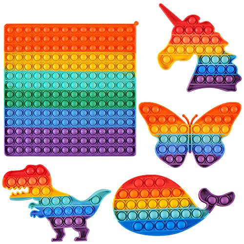5 قطع Push Pop Bubble Fidget Sensory Toy Large Size Rainbow Pack Pop It سيليكون لعبة لعبة القلق والتوتر والضغط للأطفال البالغين （يونيكورن ، فراشة ، ديناصور ، حوت）