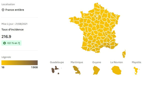 خريطة توضح معدل الإصابة في فرنسا في 21 أغسطس