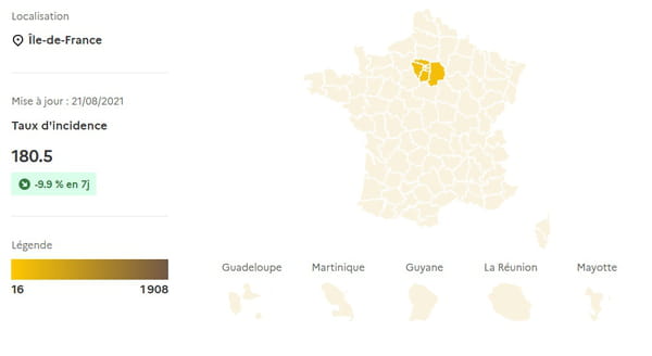 خريطة معدل الإصابة في إيل دو فرانس في 21 أغسطس