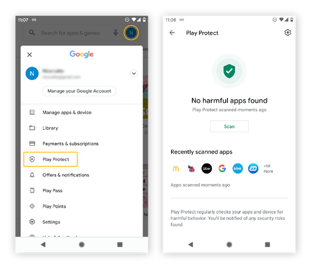 قم بتمكين Google Play Protect للبحث عن التطبيقات الضارة.