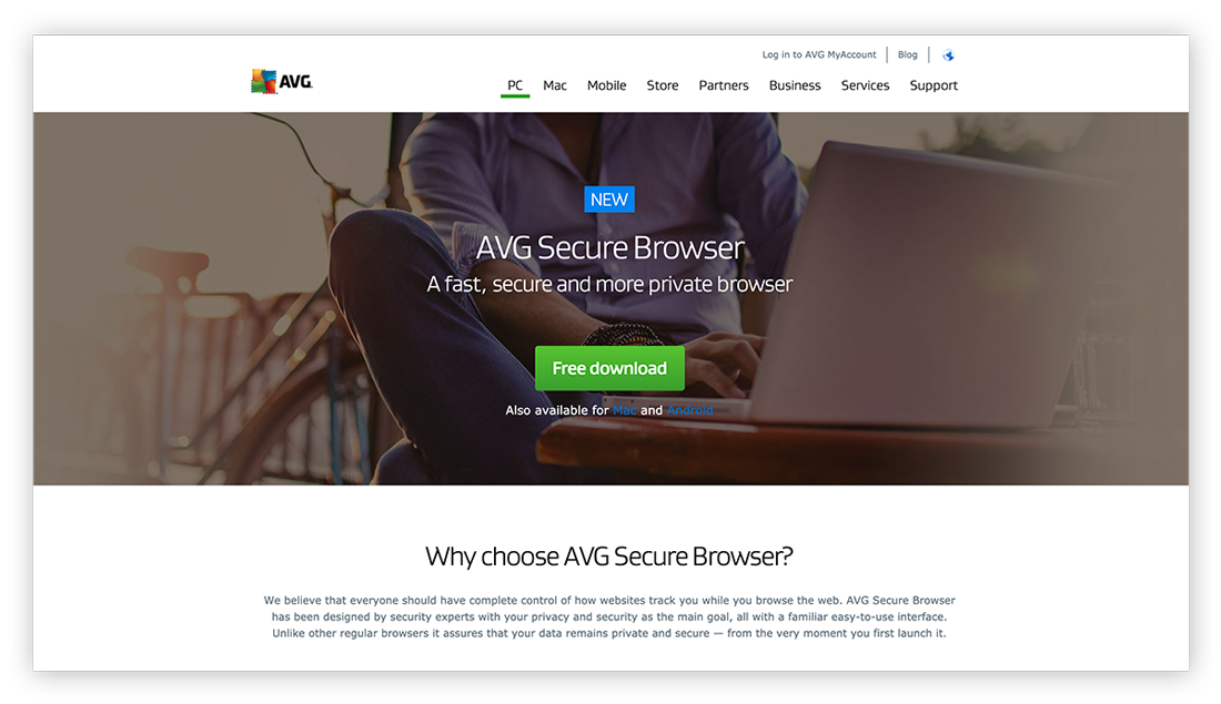 لقطة شاشة للصفحة الرئيسية لمتصفح AVG Secure