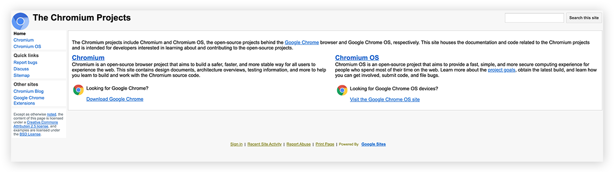 لقطة شاشة لصفحة Google Chromium الرئيسية