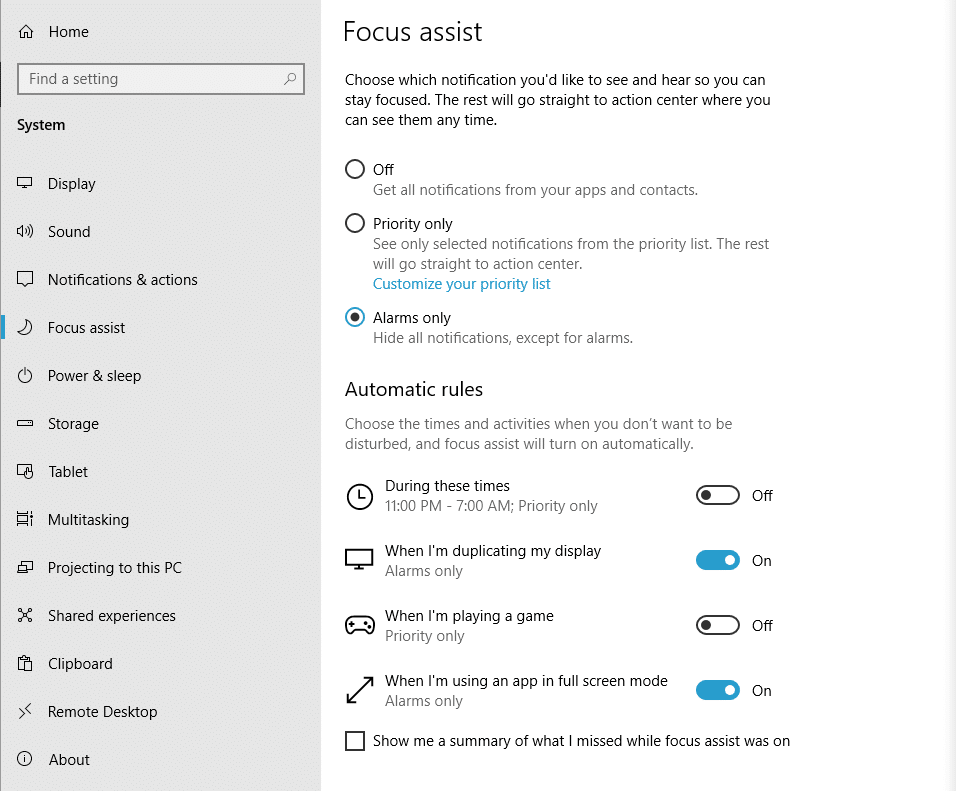 إعدادات دعم Windows Focus