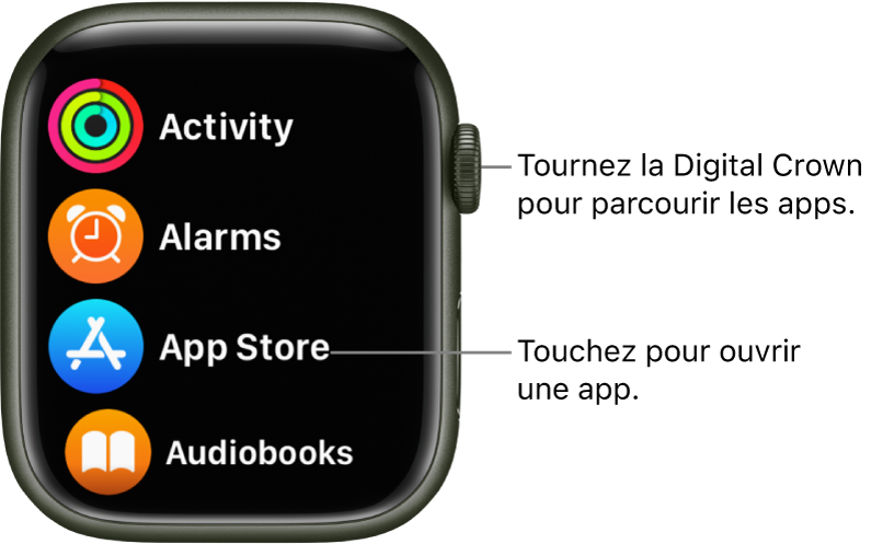 شاشة Apple Watch الرئيسية في عرض القائمة ، مع التطبيقات المدرجة.  المس أحد التطبيقات لفتحه.  قم بالتمرير على الشاشة لعرض المزيد من التطبيقات.