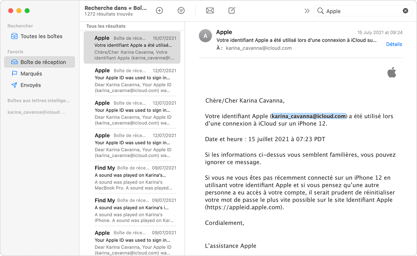 قد تتضمن بعض رسائل البريد الإلكتروني من Apple معرف Apple الخاص بك.  ها هو بين قوسين ومظلل.