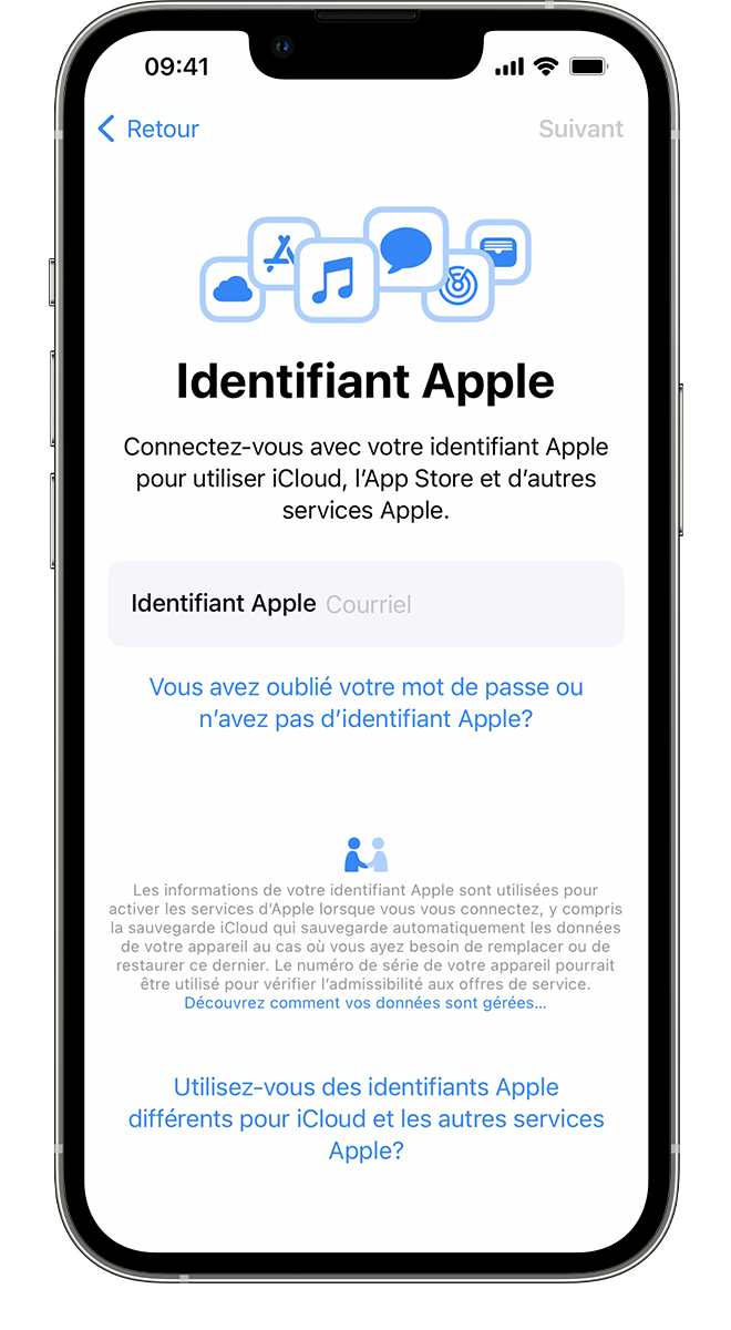 جهاز iPhone جديد مزود بشاشة Apple ID ، حيث يمكنك تسجيل الدخول باستخدام معرف Apple وكلمة المرور.