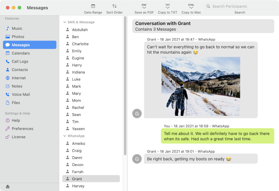 عرض رسائل WhatsApp من iPhone باستخدام TouchCopy على Mac