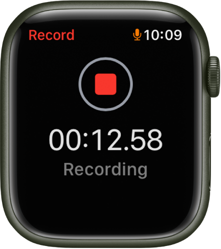 تطبيق Dictaphone يسجل مذكرة.  يوجد زر إيقاف أحمر بالقرب من الأعلى.  يتم عرض الوقت المنقضي للتسجيل أدناه بكلمة تسجيل.