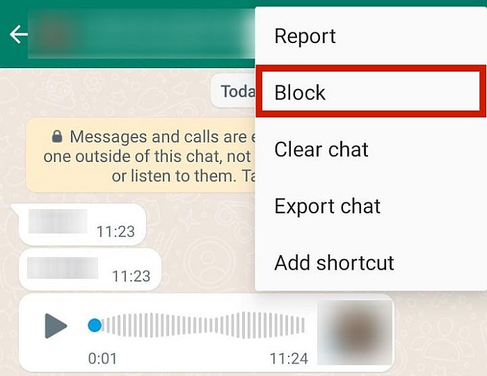 خيار الحظر في قائمة WhatsApp المزيد من الخيارات