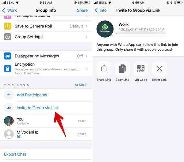 Whatsapp أرسل نسخة من رابط مجموعة Iphone