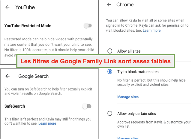 لقطة شاشة لـ Google Family Link مرشحات ضعيفة جدًا