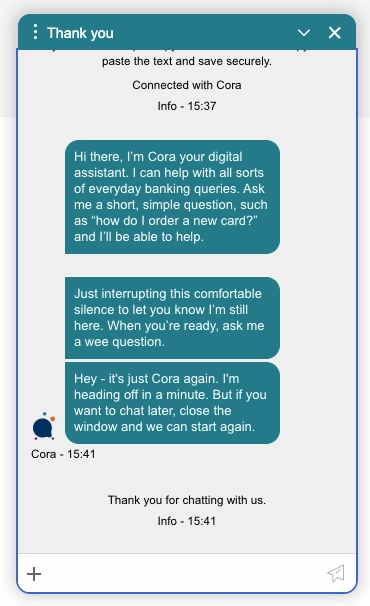 لقطة شاشة لكورا وهي ترسل رسالة لإعلام المستخدم بأنها لا تزال موجودة على الرغم من كونها غير نشطة.