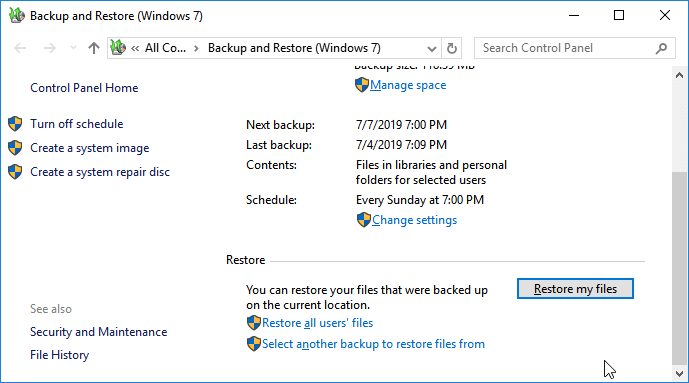 استعادة الملفات من Windows Backup