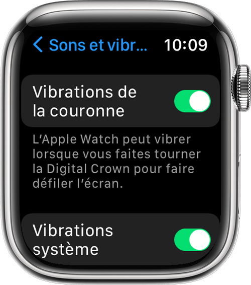 تعرض Apple Watch شاشة إعدادات Crown Vibration و Sounds & Haptics في الإعدادات