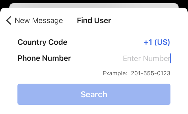 مربع الحوار "البحث عن طريق رقم الهاتف" في تطبيق Signal.