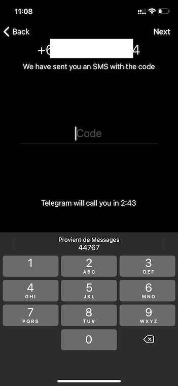 لقطة شاشة لتسجيل تطبيق Telegram Messenger باستخدام رقم الهاتف