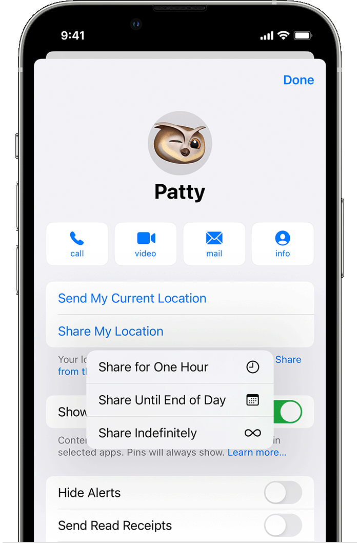 يوضح iPhone كيفية إرسال ومشاركة موقعك في الرسائل.