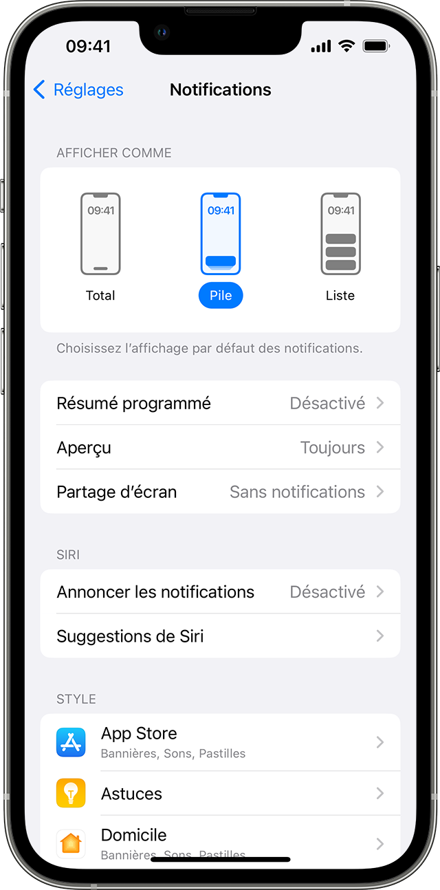 جهاز iPhone يعرض إعدادات الإشعارات مع تحديد خيار عرض Stack.