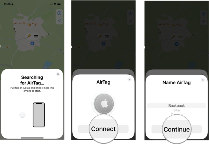 تتبع عنصرًا شخصيًا باستخدام AirTag: قم بإحضار AirTag الخاص بك بالقرب من جهاز iPhone أو iPad ، انقر فوق اتصال ، واختر اسم عنصر من القائمة وانقر فوق متابعة