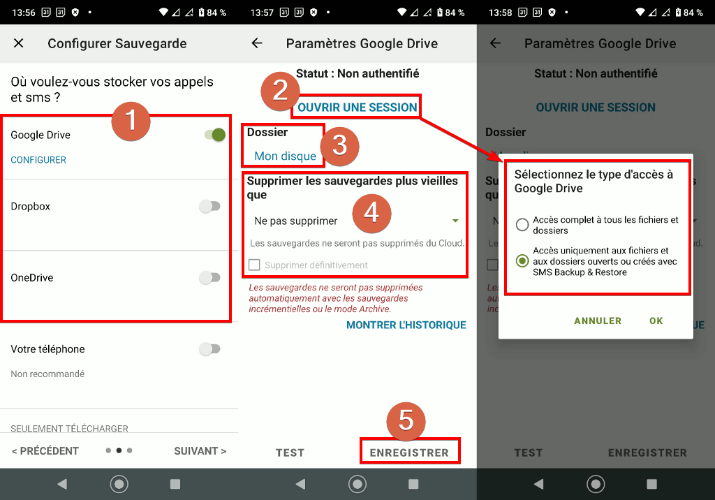 لقطة شاشة لتطبيق Android SMS Backup & Restore ، وإعدادات موقع Google Drive
