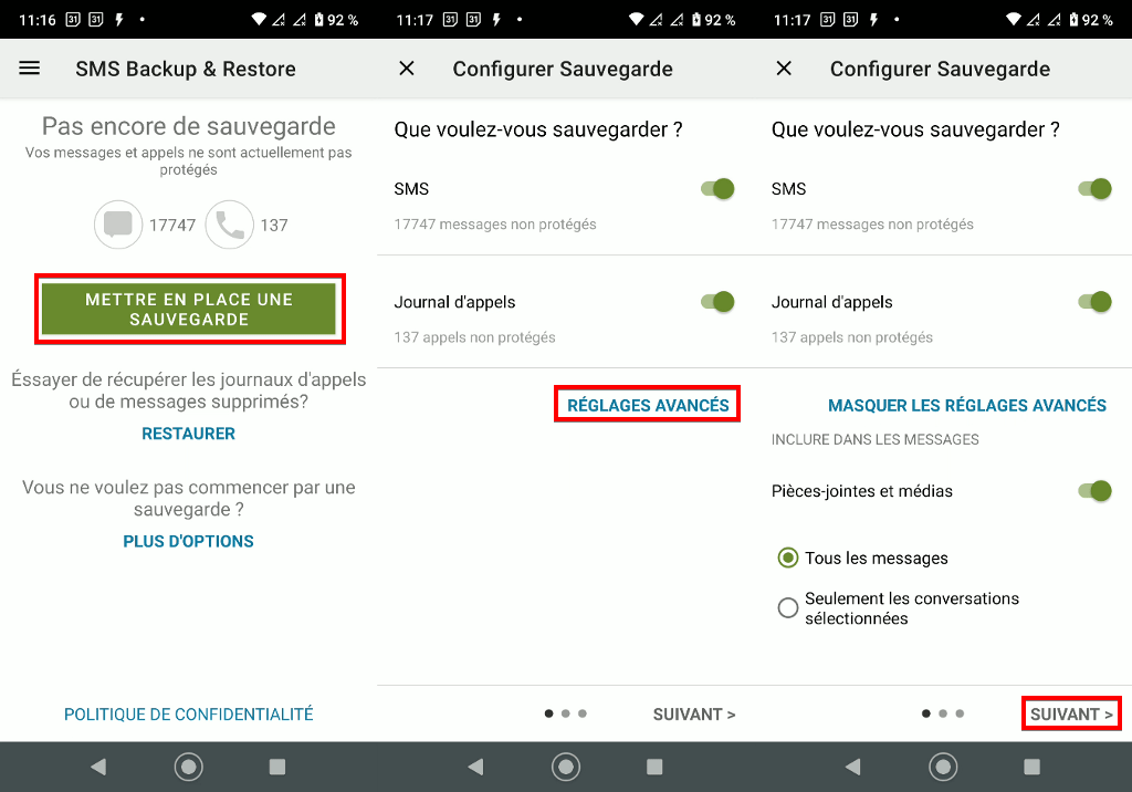 لقطة شاشة لتطبيق Android SMS Backup & Restore ، واختيار ما تريد نسخه احتياطيًا