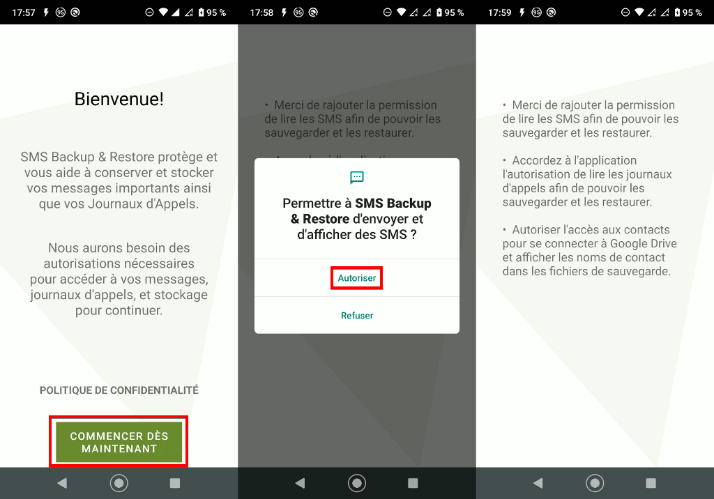 لقطة شاشة لتطبيق Android SMS Backup & Restore (أذونات).