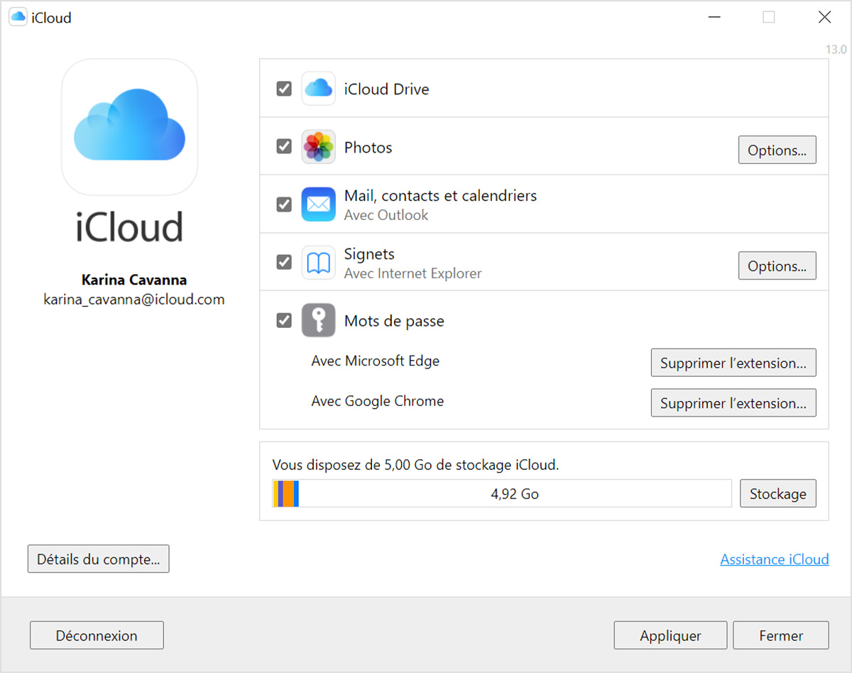 لقطة شاشة لـ iCloud لـ Windows مع تحديد iCloud Drive.