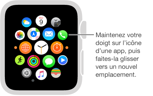 شاشة Apple Watch الرئيسية مع تطبيقات من نفس الحجم تهتز.  يمكنك سحب التطبيقات إلى مواقع جديدة.