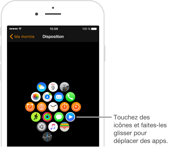 شاشة تخطيط تطبيق Apple Watch على iPhone تعرض موضع التطبيق.  المس واسحب الرموز لنقل التطبيقات.