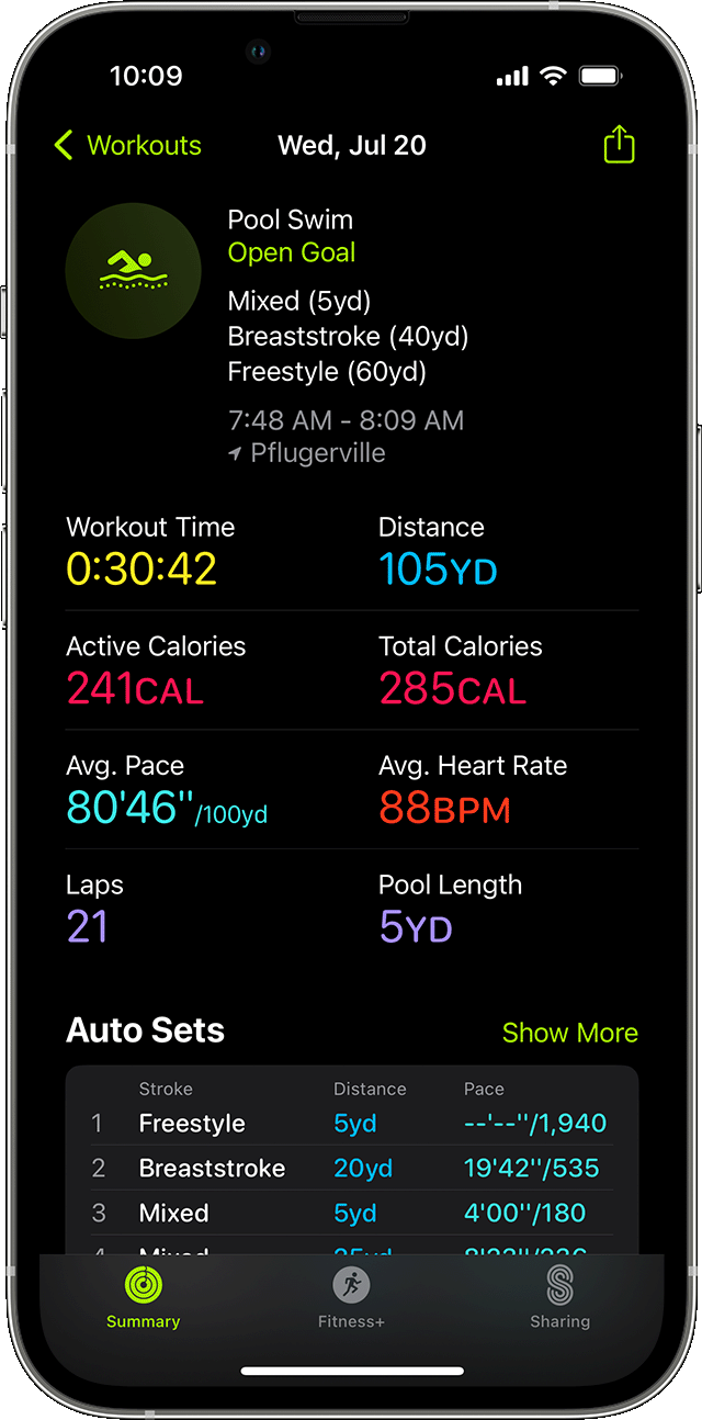 تفاصيل موجزة عن تمرين Pool Swim في تطبيق Get Fit على iPhone.