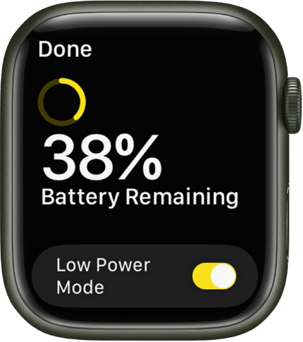 تعرض شاشة Power Save Mode (وضع توفير الطاقة) دائرة صفراء جزئية تشير إلى الشحنة المتبقية ، والكلمات Charge Remaining: 38٪ ، وزر Power Save Mode في الأسفل.