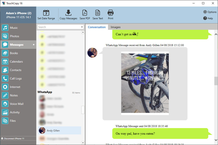 عرض رسائل WhatsApp من iPhone باستخدام TouchCopy على جهاز الكمبيوتر