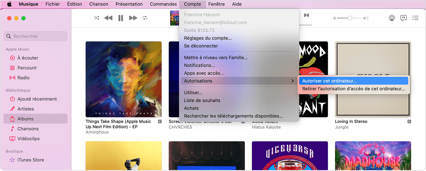 يعرض تطبيق Apple Music قائمة الحساب والأذونات وتفويض هذا الكمبيوتر. 