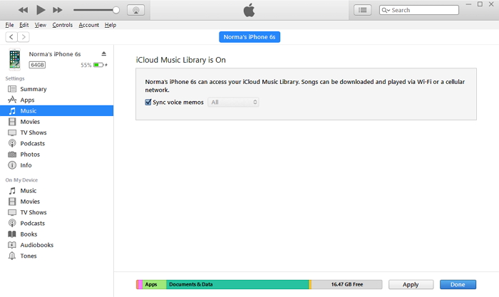 مزامنة المذكرات الصوتية في iTunes