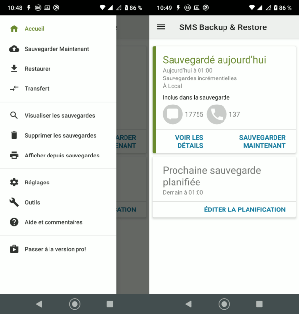 لقطة شاشة لتطبيق Android SMS Backup & Restore (الجزء الأيسر والشاشة الرئيسية)