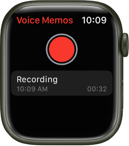 Apple Watch التي تعرض شاشة Dictaphone.  يوجد زر حفظ أحمر بالقرب من الأعلى.  مذكرة مسجلة أدناه.  تعرض المذكرة وقت تسجيلها ومدتها.