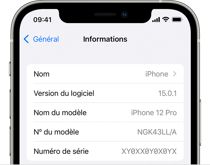 جهاز iPhone يعرض شاشة المعلومات التي تعرض إصدار البرنامج أسفل اسم الجهاز.