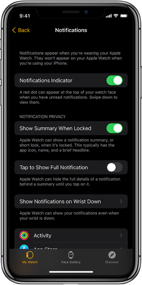 شاشة الإخطارات في تطبيق Watch على iPhone والتي تعرض مصادر الإشعارات.