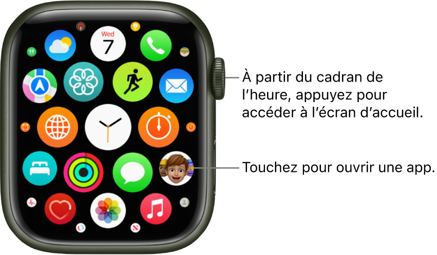 شاشة Apple Watch الرئيسية في عرض شبكي ، مع تطبيقات على شكل مجموعة.  المس أحد التطبيقات لفتحه.  اسحب الشاشة لعرض المزيد من التطبيقات.