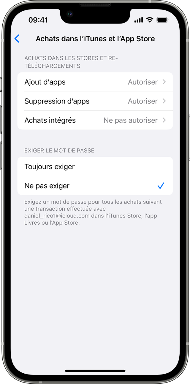 iPhone يعرض شاشة المشتريات في iTunes Store و App Store.  ضمن طلب كلمة المرور ، يتم تحديد 