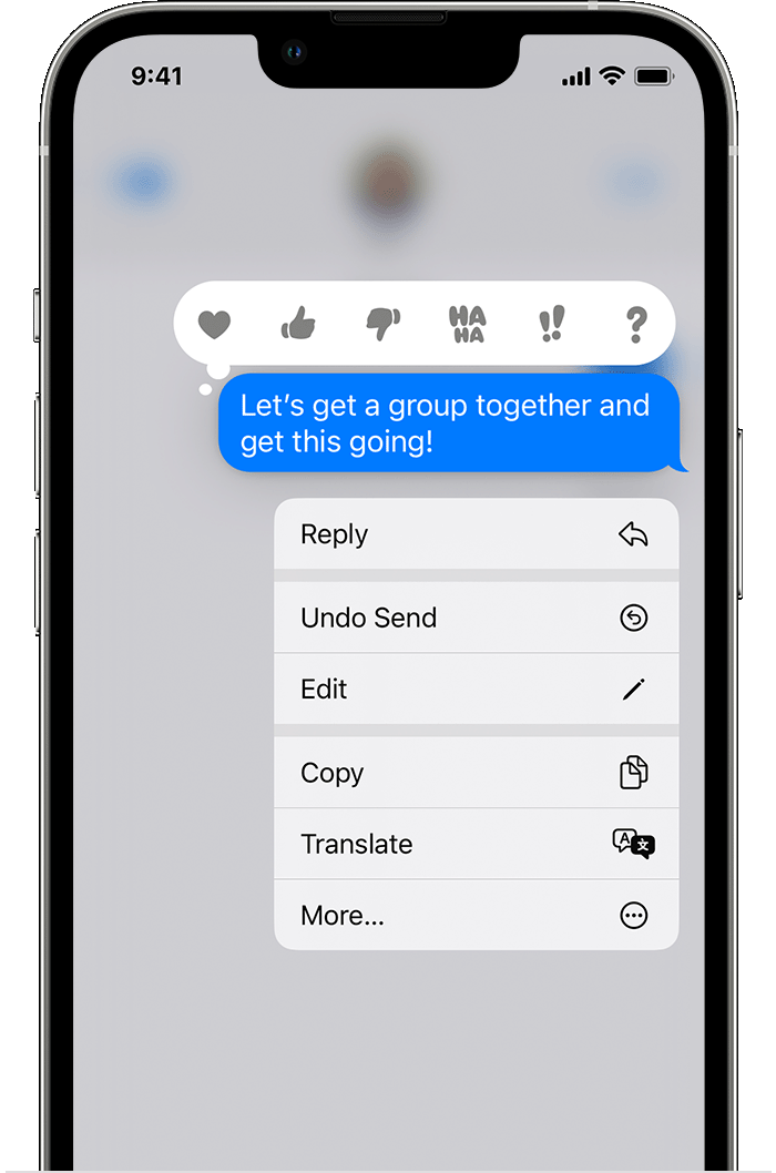 في iOS 16 ، تشمل الخيارات التي تظهر عند لمس رسالة مع الاستمرار في محادثة الرسائل تحرير وإلغاء الإرسال. 