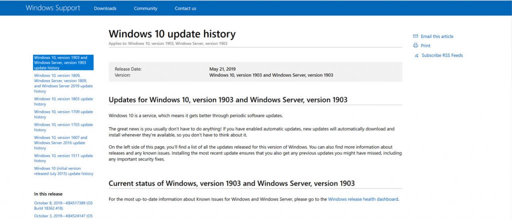 محفوظات تحديث Windows 10 من Microsoft